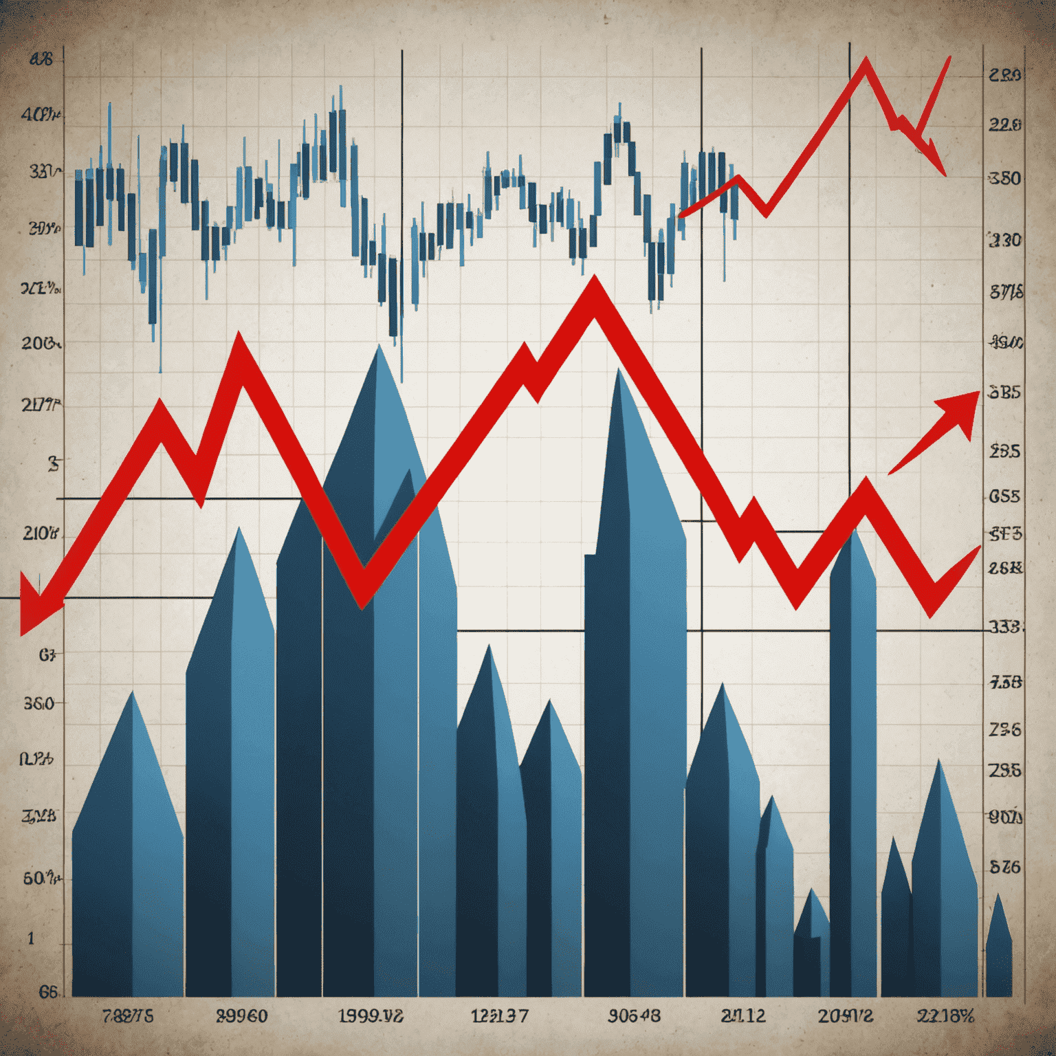 A graph showing market volatility with sharp peaks and troughs, overlaid with financial symbols and arrows indicating market movements