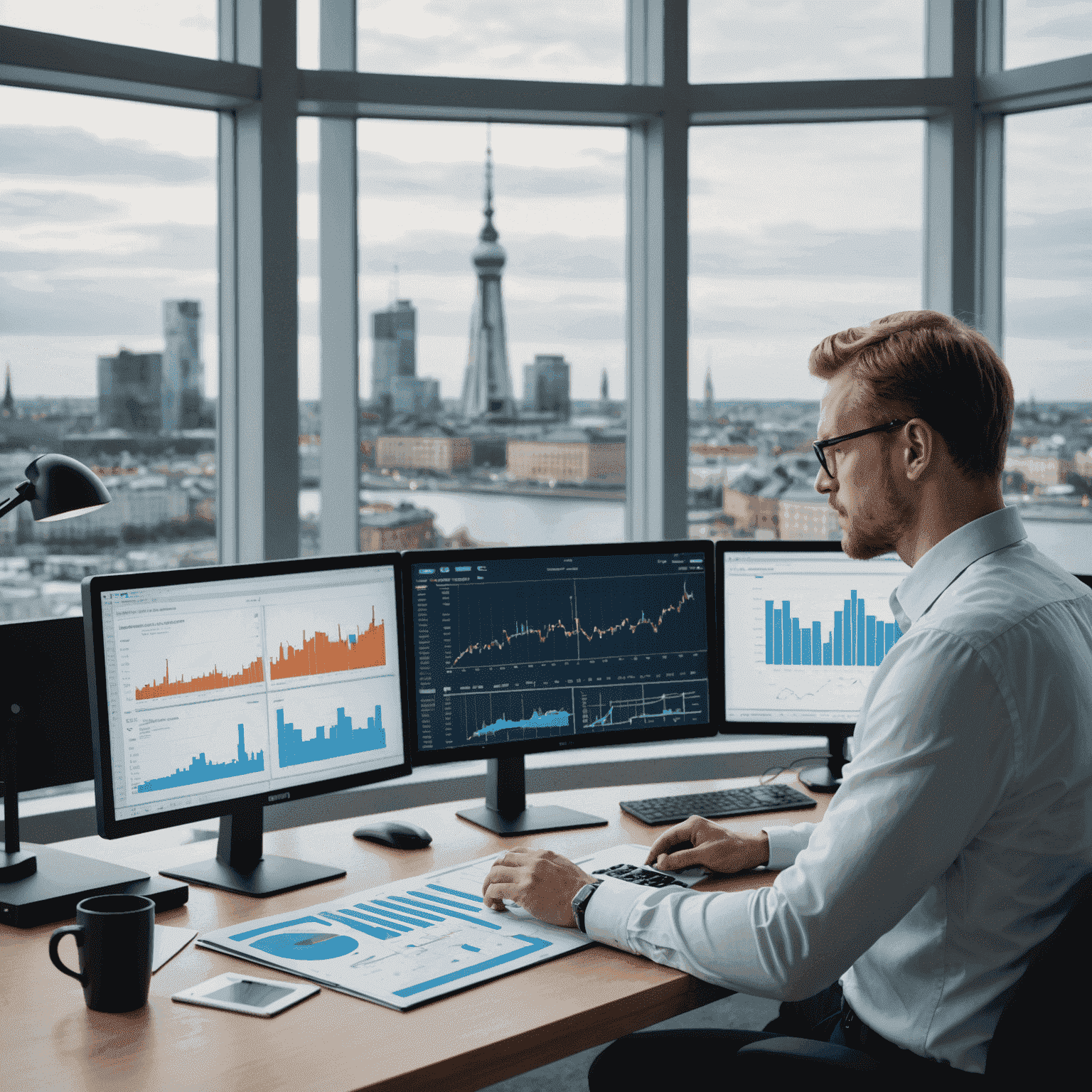 A professional Finnish investor analyzing financial charts and graphs on multiple screens in a modern office setting, with Helsinki skyline visible through the window