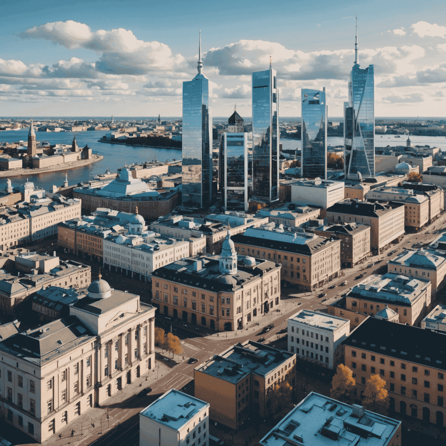 A panoramic view of Helsinki's business district with modern skyscrapers, overlaid with futuristic financial technology icons and graphs representing the growing Finnish FinTech sector