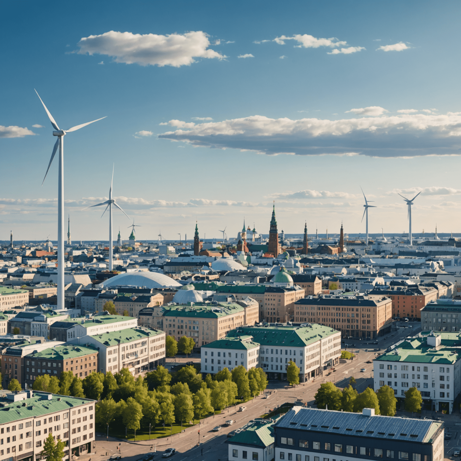 A panoramic view of Helsinki's skyline with modern, eco-friendly buildings and wind turbines in the background, symbolizing sustainable development and green investments in Finland