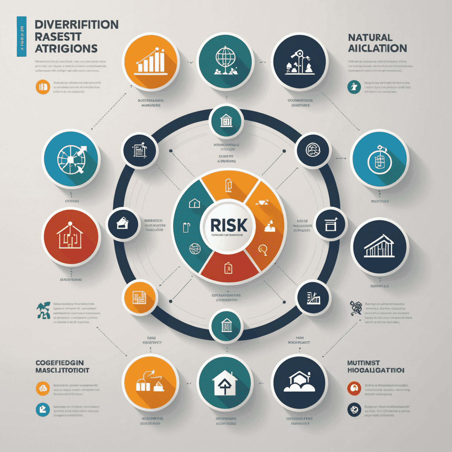 Infographic showing various risk management strategies with icons representing diversification, hedging, and asset allocation