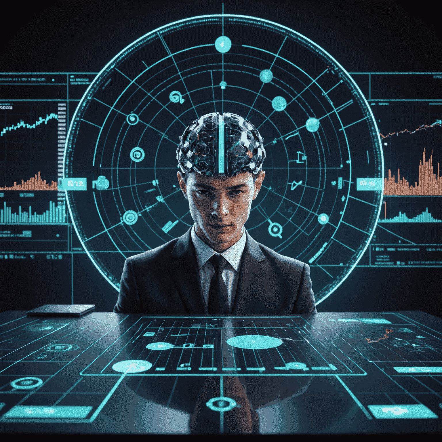 A futuristic visualization of AI analyzing financial data, with holographic charts, graphs, and stock symbols floating around a central AI core, symbolizing the advanced technology used in modern investment analysis