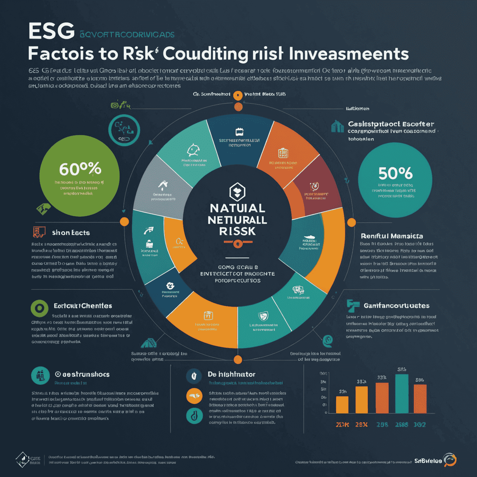 An infographic showing how ESG factors contribute to risk reduction in investment portfolios, with charts comparing traditional vs. ESG-integrated risk profiles