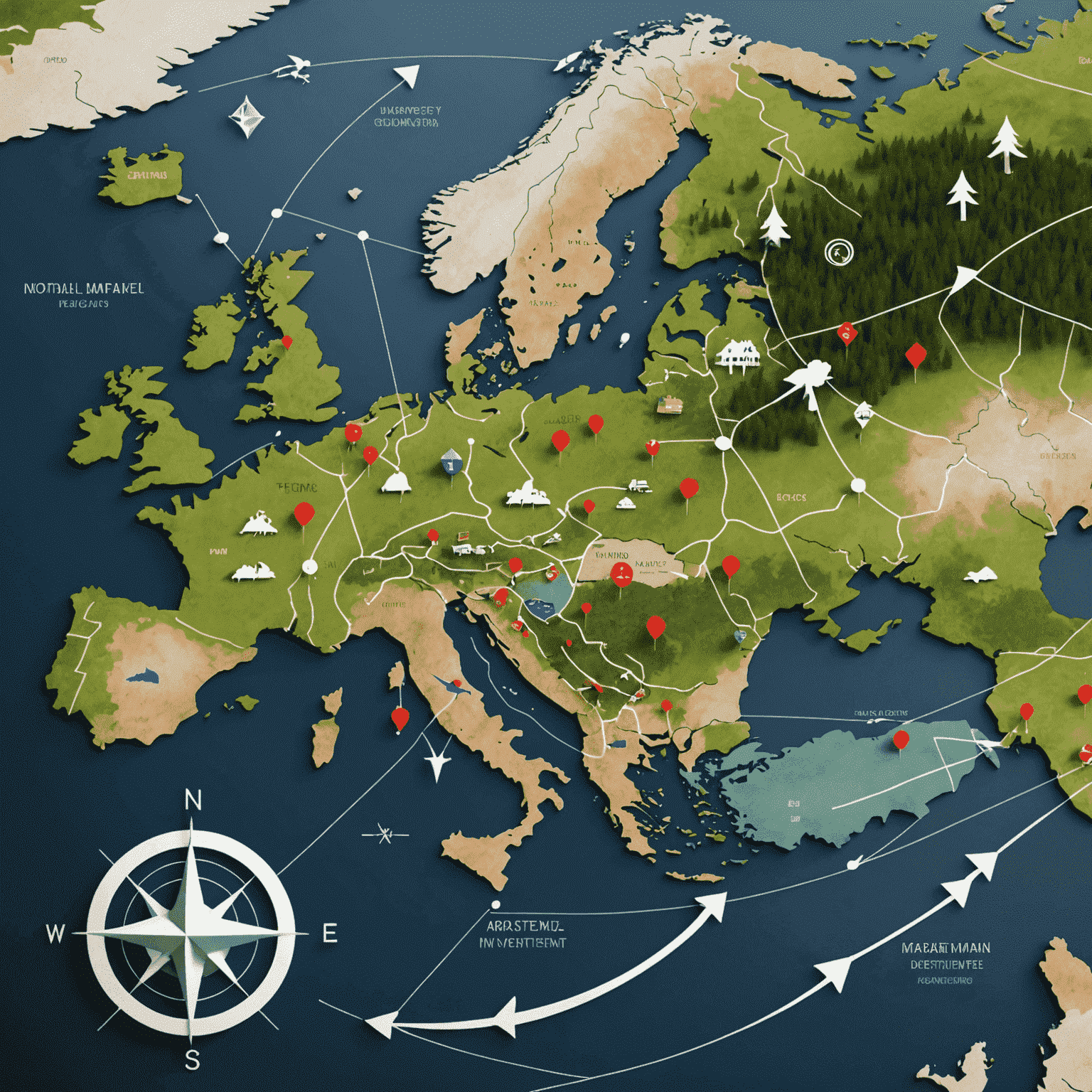 Map of Nordic countries with financial symbols and arrows indicating market connections and flow of investments