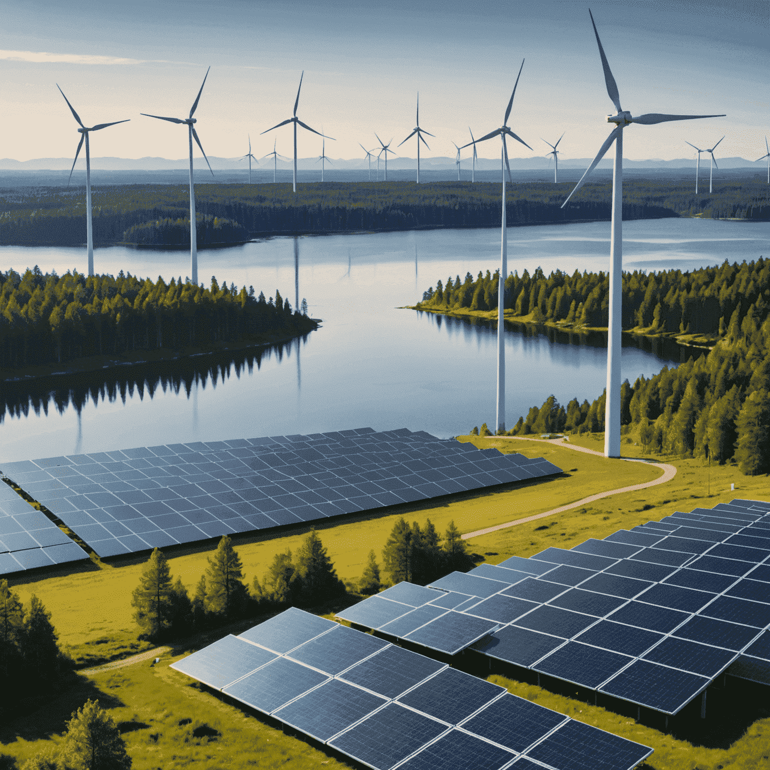 A serene Finnish landscape with wind turbines and solar panels, overlaid with financial graphs trending upwards, representing the growth and potential of sustainable finance in Finland