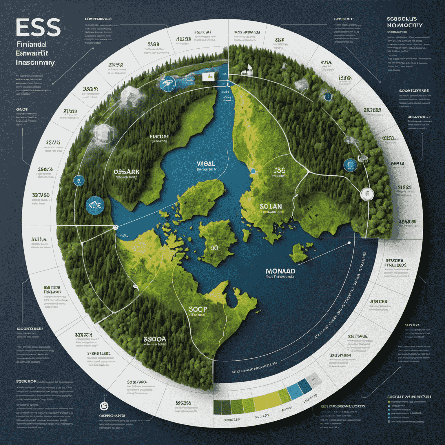 A futuristic visualization of sustainable investing trends in Finland, showing projected growth of ESG investments and their impact on various sectors of the economy