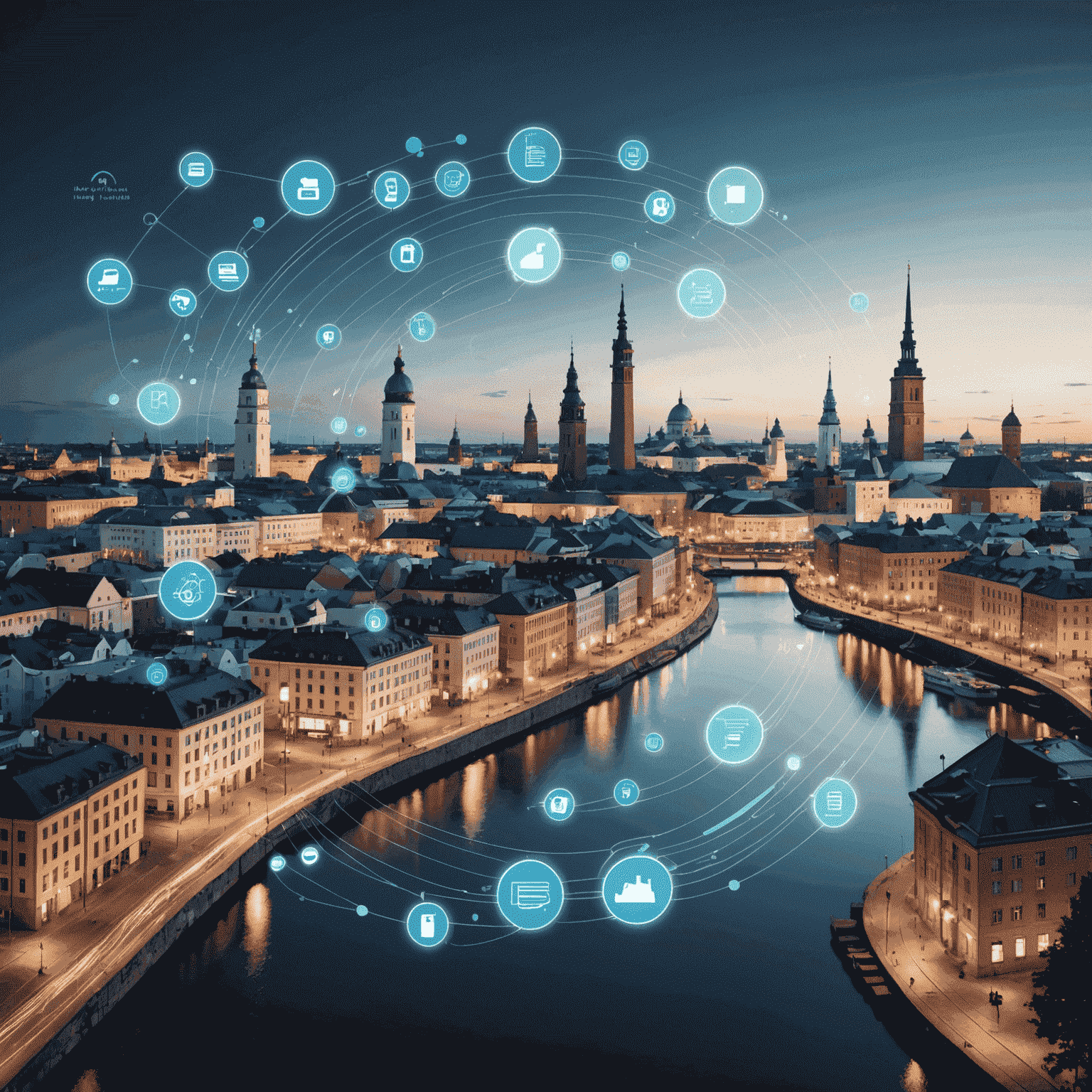 A futuristic cityscape of Helsinki with digital finance icons and flowing data streams representing FinTech innovations