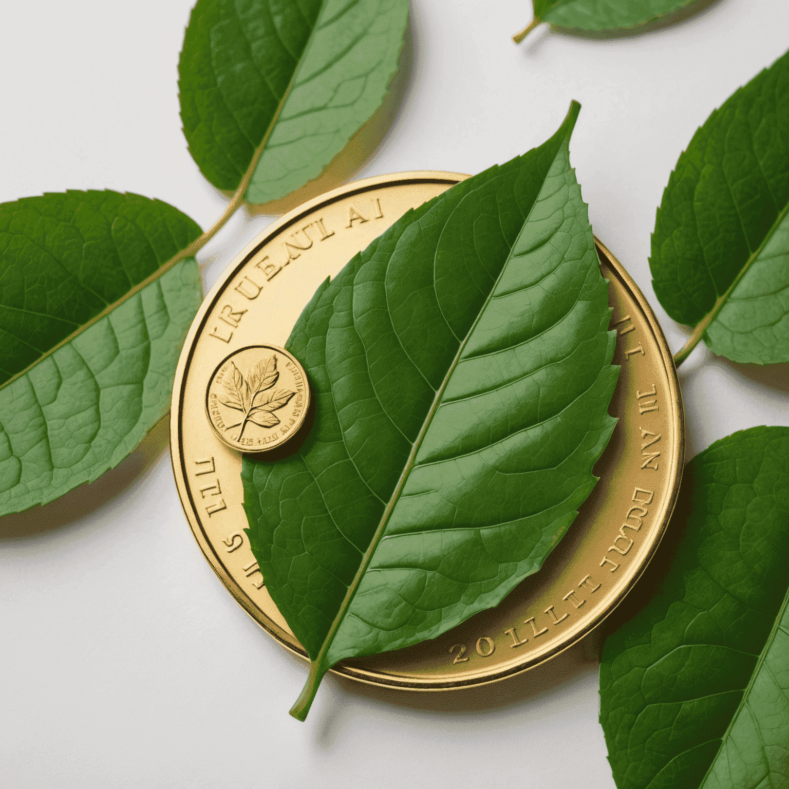 A green leaf intertwined with a gold coin, symbolizing the balance between sustainable practices and financial growth in Finland